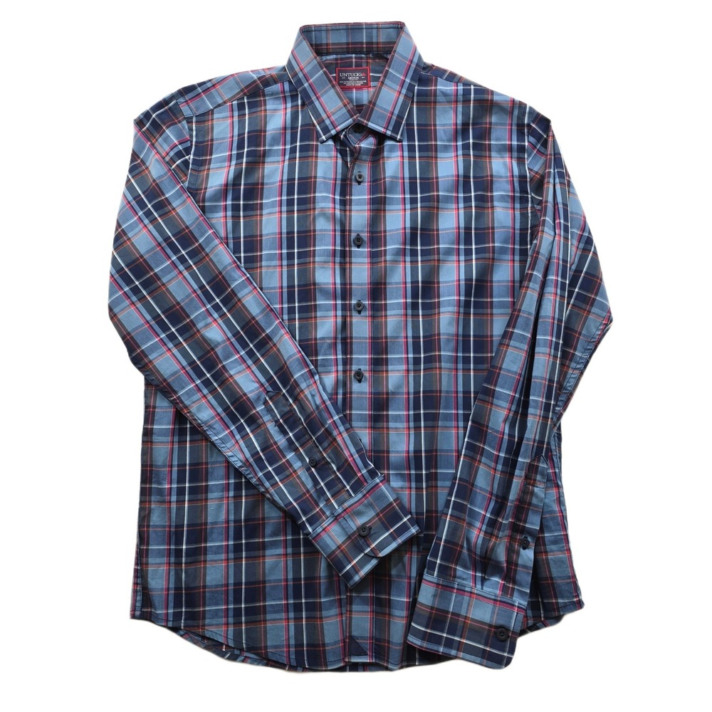 UNTUCKit Slim Fit Performance Shirt Mens Medium Blue Red Plaid Cotton Stretch